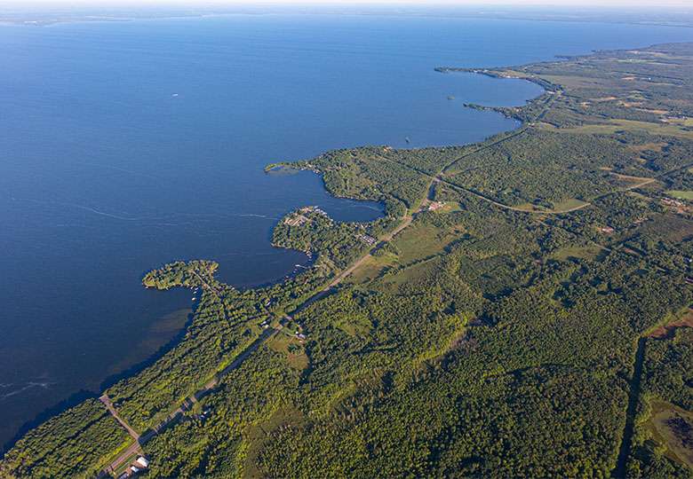 Aerial view of a small part of large Lake Mille Lacs shoreline.