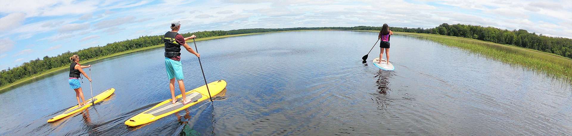 3 people stand on stand-up-paddle boards (2 yellow, 1 white), as they paddle down calm waters of a river.